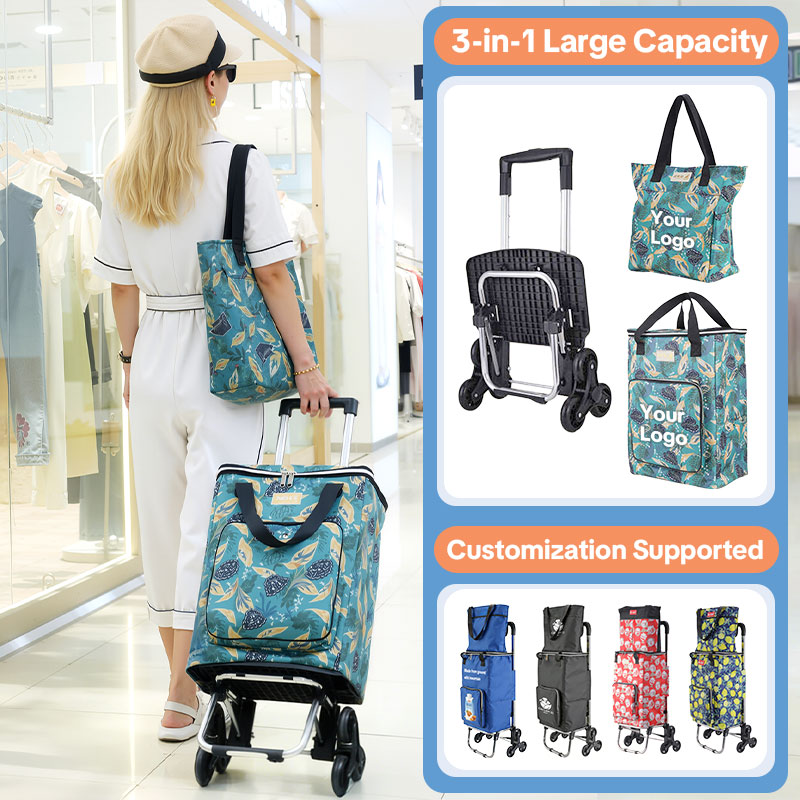 3 in 1 Shopping Cart for Groceries, Custom Grocery Cart on Wheels, Foldable Utility Carts with Wheels, Hand Truck with Waterproof Tote Bag for Shopping