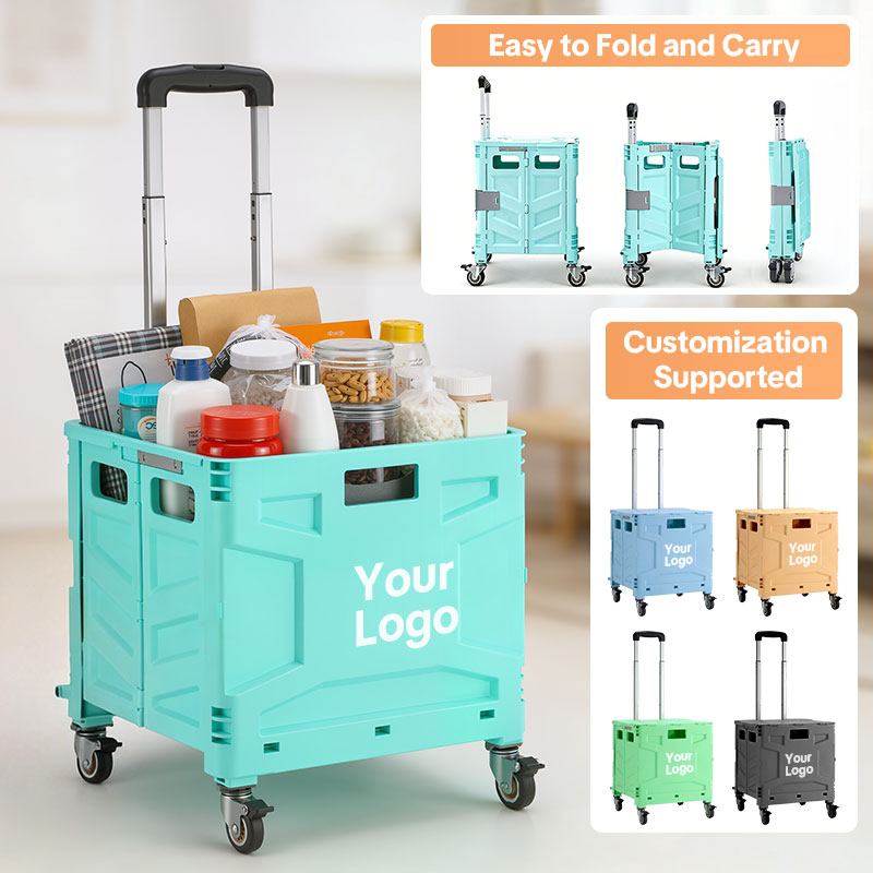 Custom Folding Utility Cart with Stair-Climbing & 360° Swivel Wheels, Telescoping Handle, and Removable Plastic Crate – Versatile Dolly for Travel, Shopping, Moving, Office, and Teacher Use
