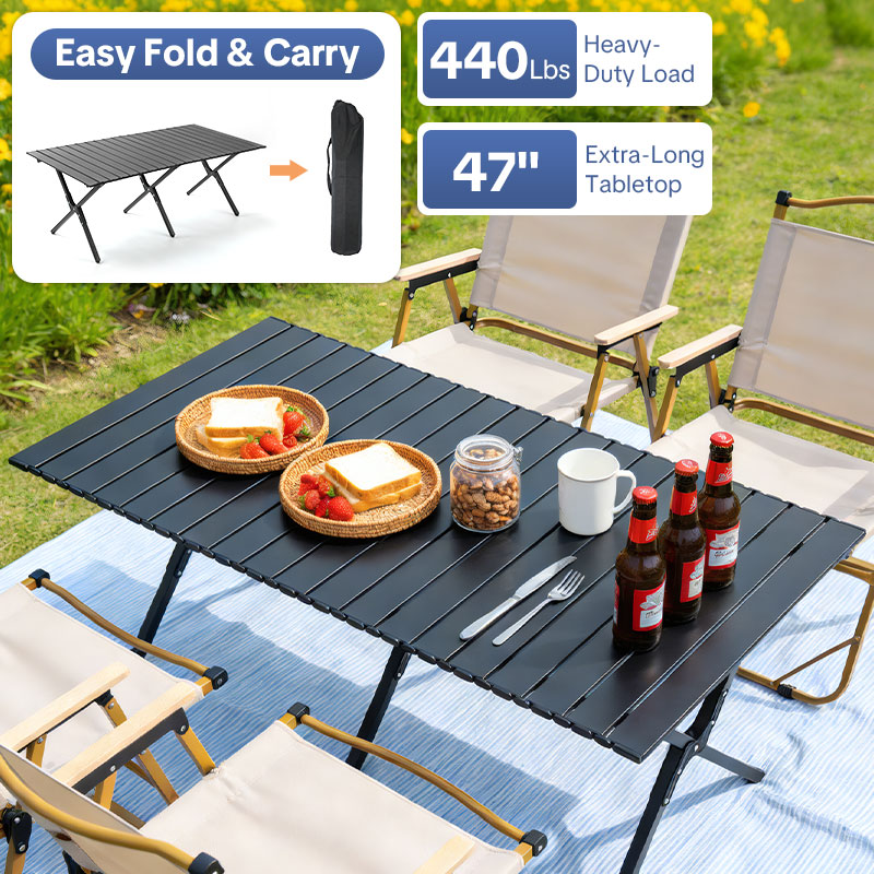 Folding Camping Table , 4-6 Person  Portable Camp Table Foldable Aluminum Roll-up Table for Camping Outdoor Picnic BBQ Backyard Party