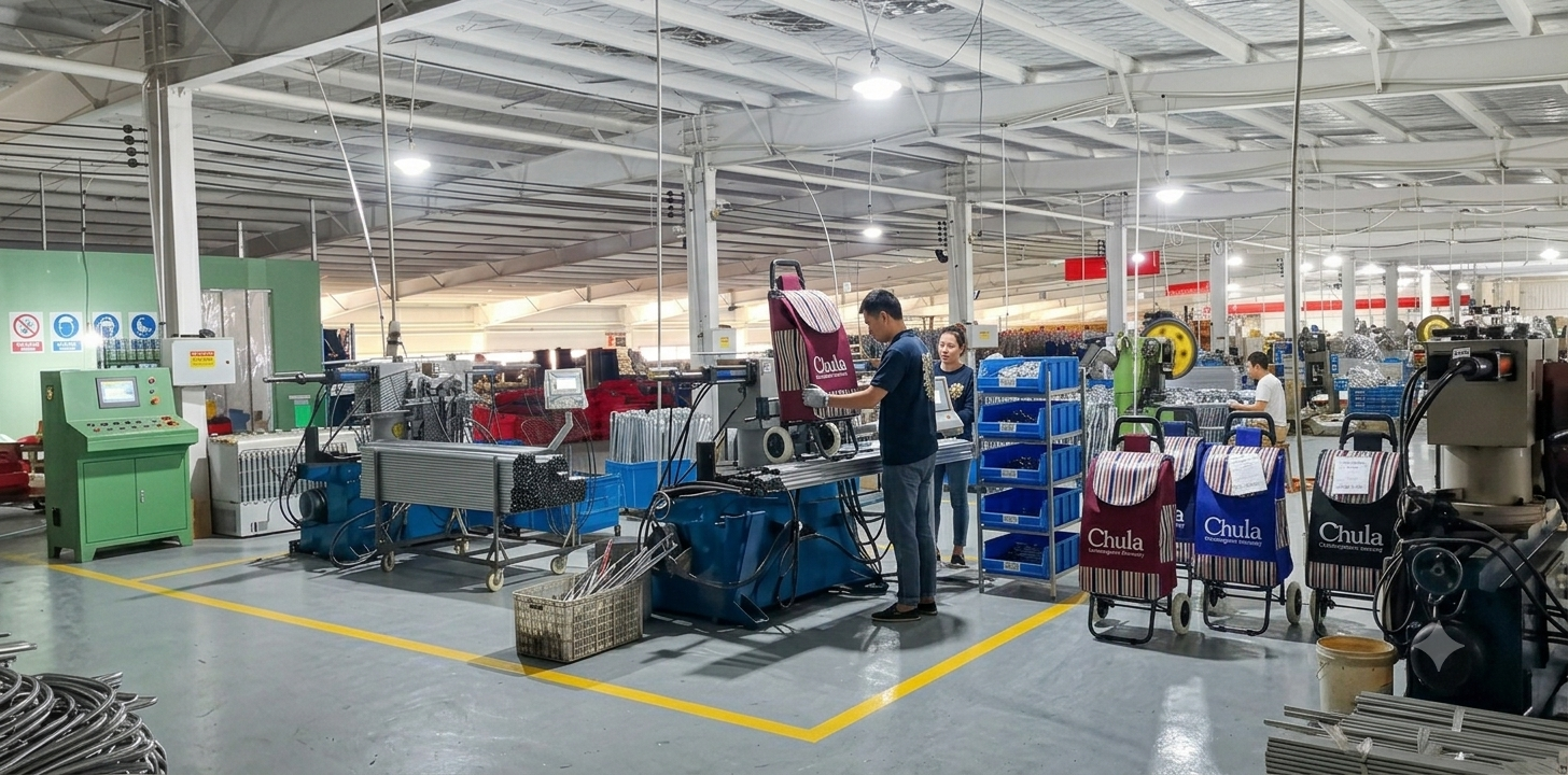 Factory workshop production line for custom printed Folding Shopping Carts, workers assemble branded Chula grocery trolleys with industrial metal processing machines, OEM shopping cart manufacturing factory interior