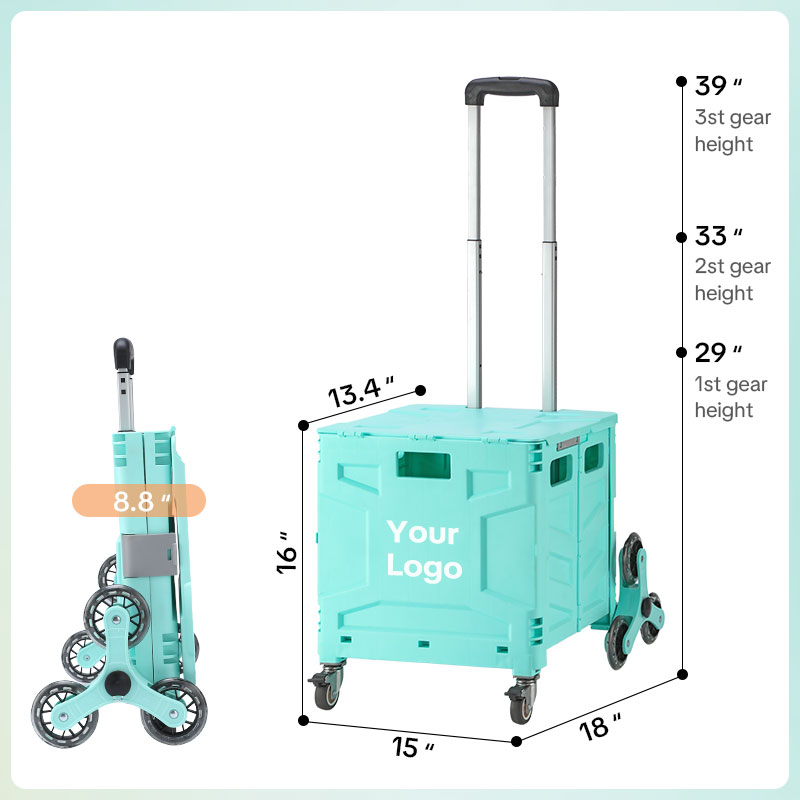Custom Folding Utility Cart with Stair-Climbing & 360° Swivel Wheels, Telescoping Handle, and Removable Plastic Crate – Versatile Dolly for Travel, Shopping, Moving, Office, and Teacher Use