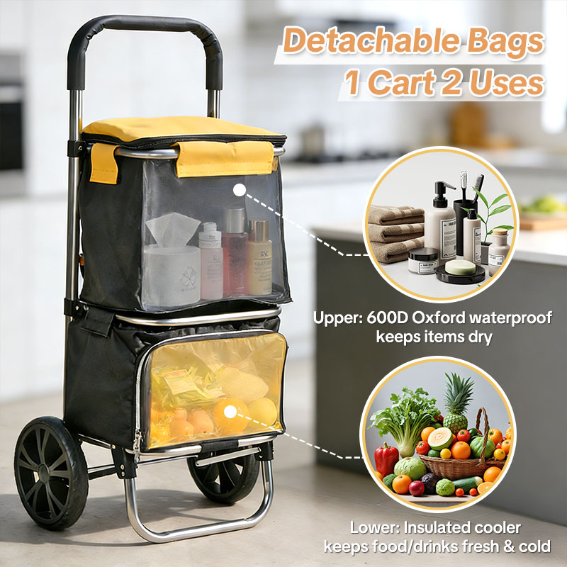 Trolley Dolly Heavy Duty Stainless Steel Foldable Shopping Cart for Groceries - Customizable Double Layer Design with Removable Bag & Wheels