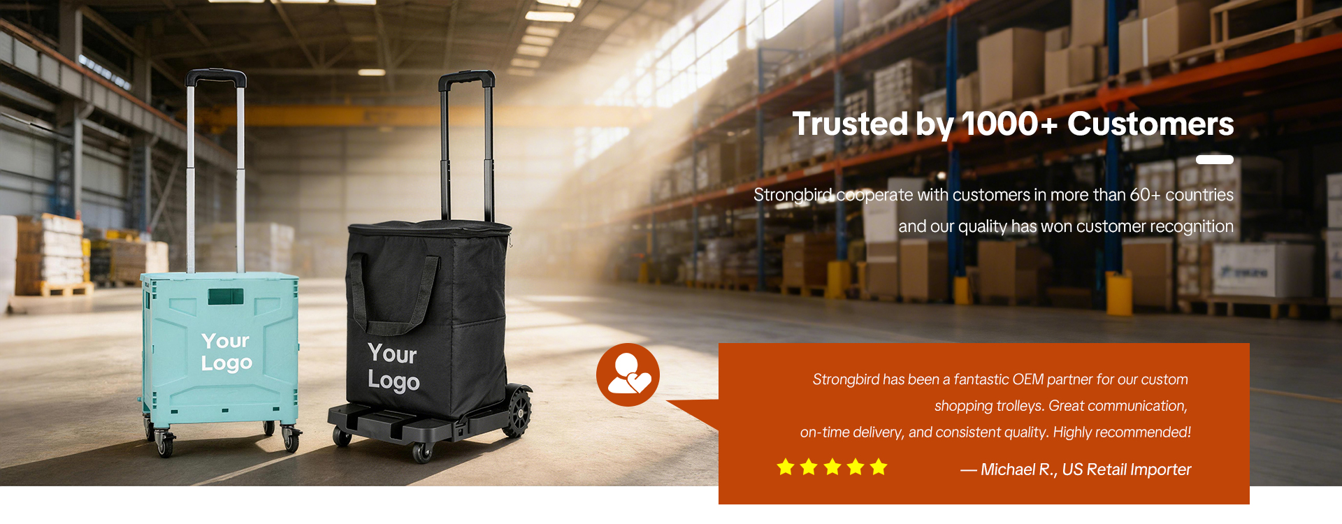 {"default":"Folding shopping trolley with customizable logo on a street, accompanied by a customer review and 5-star rating"}
