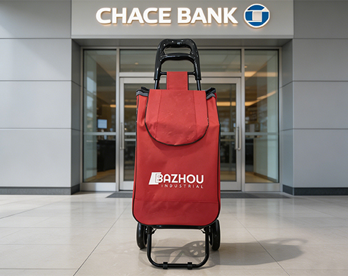 {"default":"Red Bazhou Industrial branded shopping cart in front of the Chase Bank entrance"}
