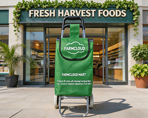 {"default":"Green Farmcloud-branded shopping cart in front of the Fresh Harvest Foods store entrance"}
