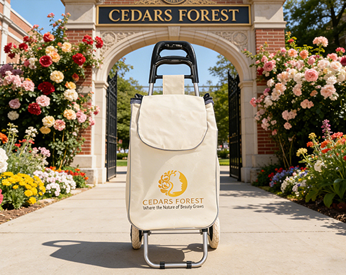 {"default":"Beige Cedars Forest branded shopping cart in front of the floral entrance archway"}
