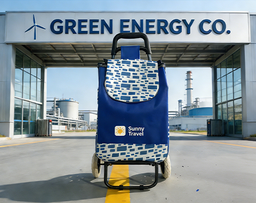 {"default":"Blue Sunny Travel shopping cart with a patterned flap in front of the Green Energy Co. building"}
