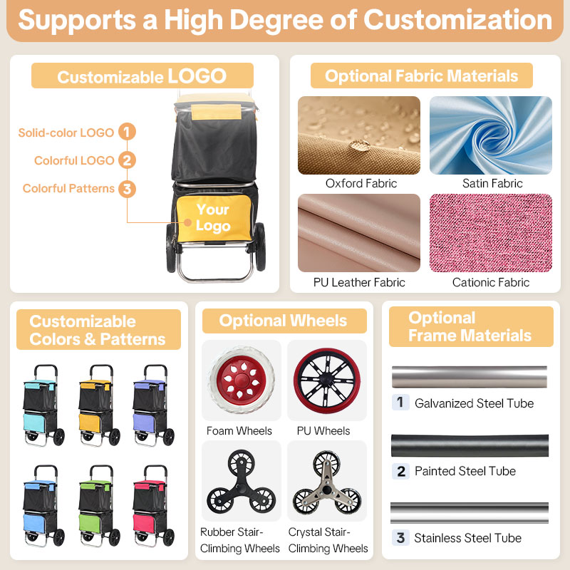 Trolley Dolly Heavy Duty Stainless Steel Foldable Shopping Cart for Groceries - Customizable Double Layer Design with Removable Bag & Wheels