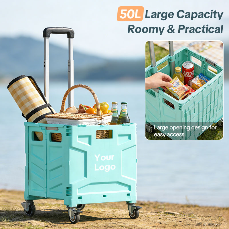 Custom Folding Utility Cart with Stair-Climbing & 360° Swivel Wheels, Telescoping Handle, and Removable Plastic Crate – Versatile Dolly for Travel, Shopping, Moving, Office, and Teacher Use