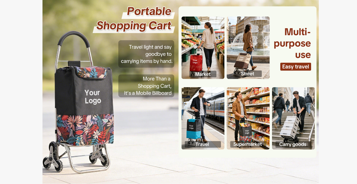 Portable folding shopping trolley cart with customizable logo printed floral Oxford fabric bag, stair-climbing wheels, multi purpose for supermarket grocery shopping, outdoor travel and daily goods hauling