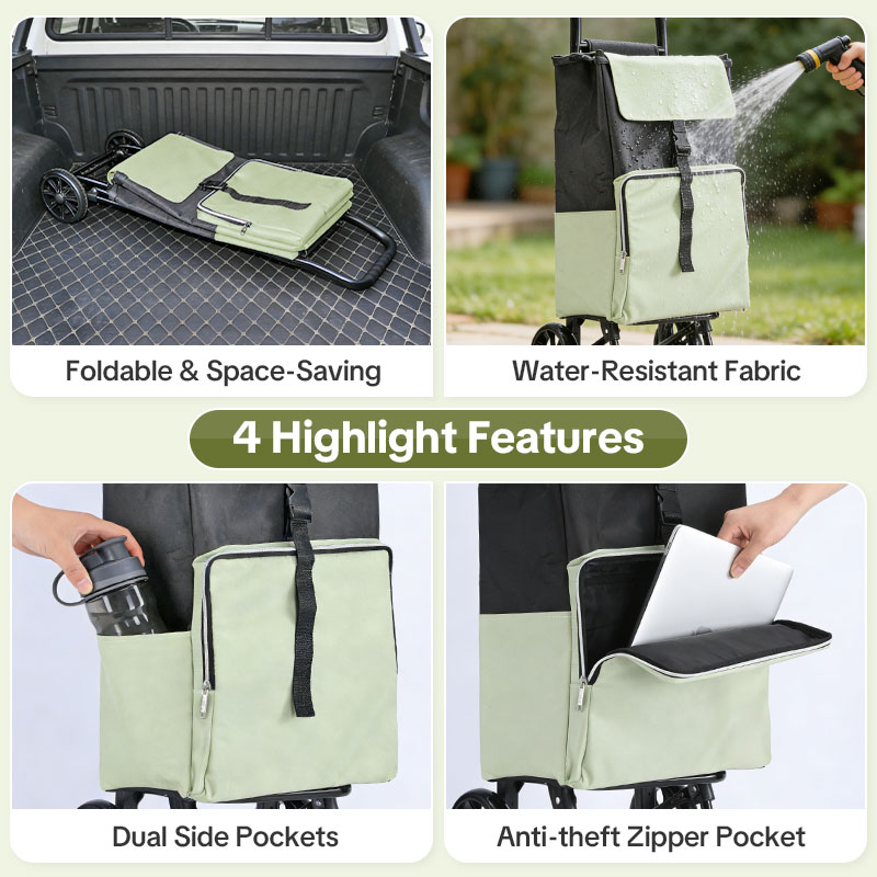 Custom Shopping Cart for Groceries with Wheels | Rolling Personal Hand Truck & Stair Climbing Cart Trolley Dolly – Foldable Heavy Duty with Removable Bag