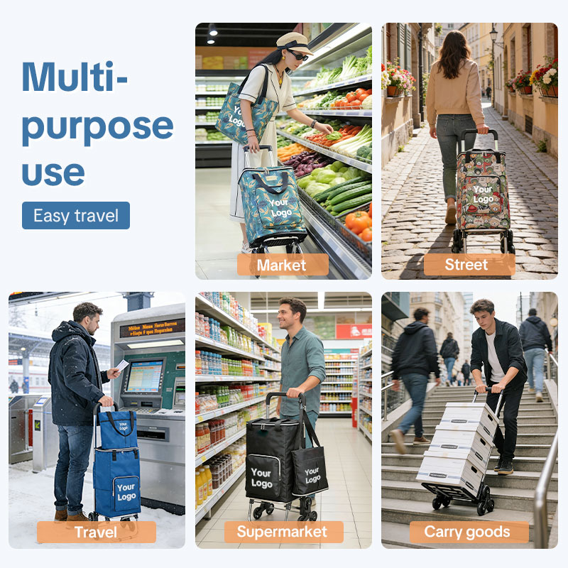 3 in 1 Shopping Cart for Groceries, Custom Grocery Cart on Wheels, Foldable Utility Carts with Wheels, Hand Truck with Waterproof Tote Bag for Shopping