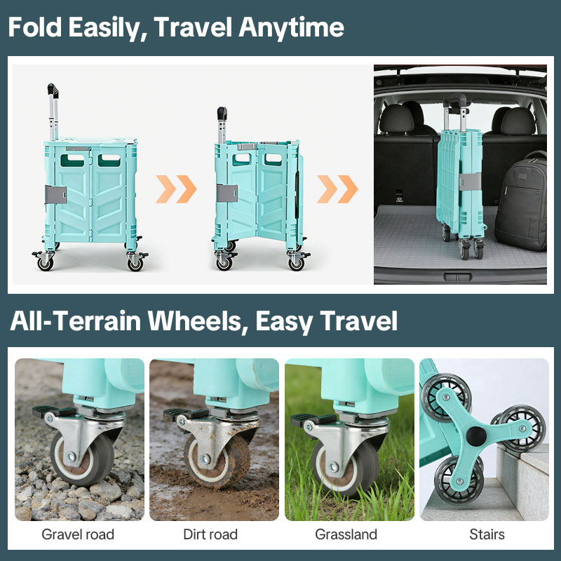 Custom Folding Utility Cart with Stair-Climbing & 360° Swivel Wheels, Telescoping Handle, and Removable Plastic Crate – Versatile Dolly for Travel, Shopping, Moving, Office, and Teacher Use
