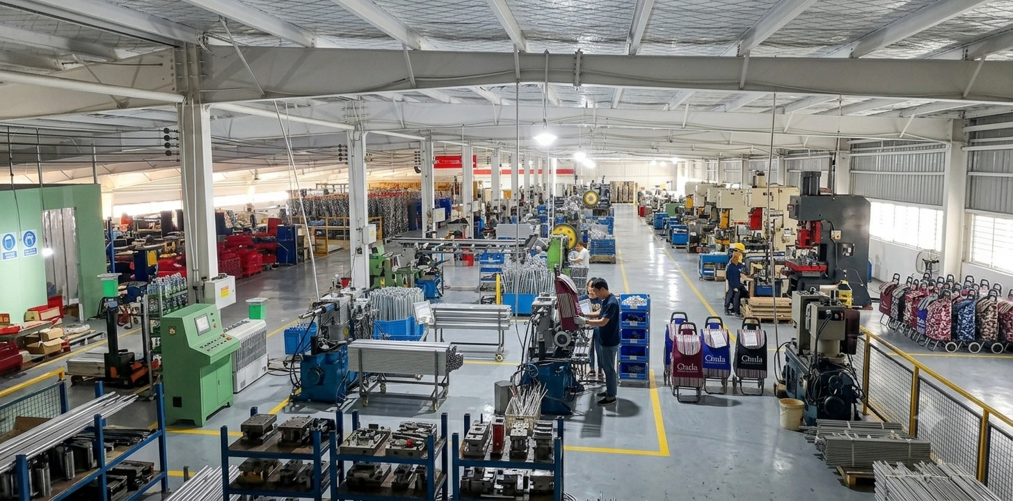 Factory workshop production line for custom printed Folding Shopping Carts, workers assemble branded Chula grocery trolleys with industrial metal processing machines, OEM shopping cart manufacturing factory interior
