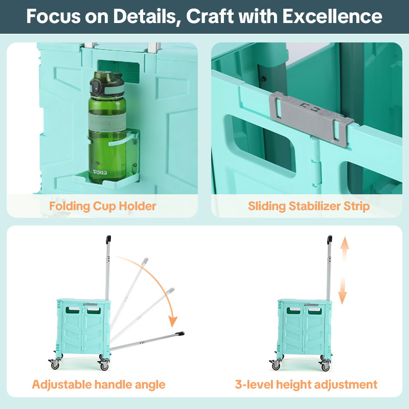 Custom Folding Utility Cart with Stair-Climbing & 360° Swivel Wheels, Telescoping Handle, and Removable Plastic Crate – Versatile Dolly for Travel, Shopping, Moving, Office, and Teacher Use