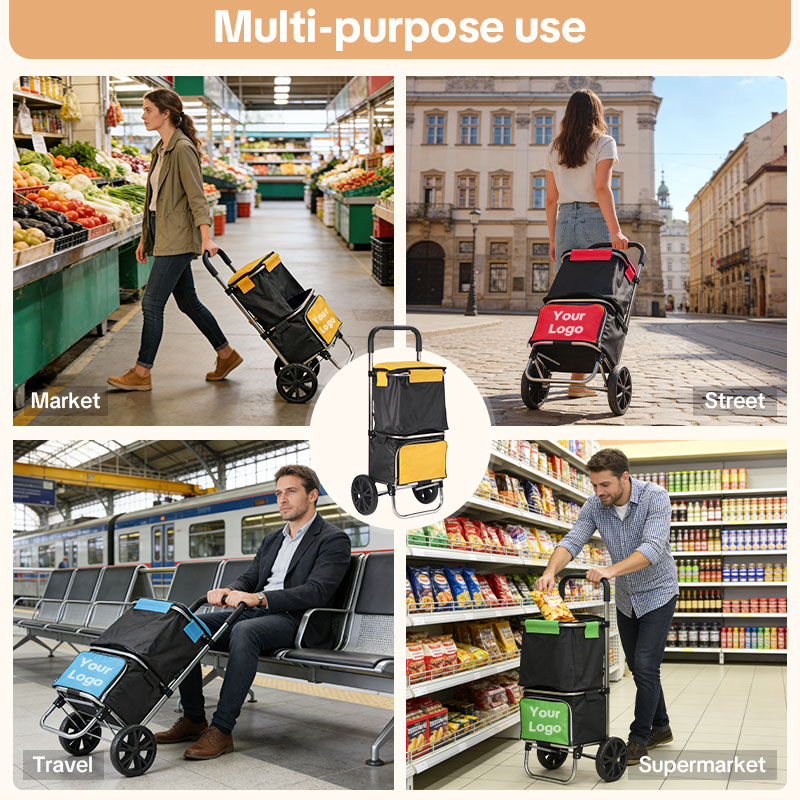 Trolley Dolly Heavy Duty Stainless Steel Foldable Shopping Cart for Groceries - Customizable Double Layer Design with Removable Bag & Wheels