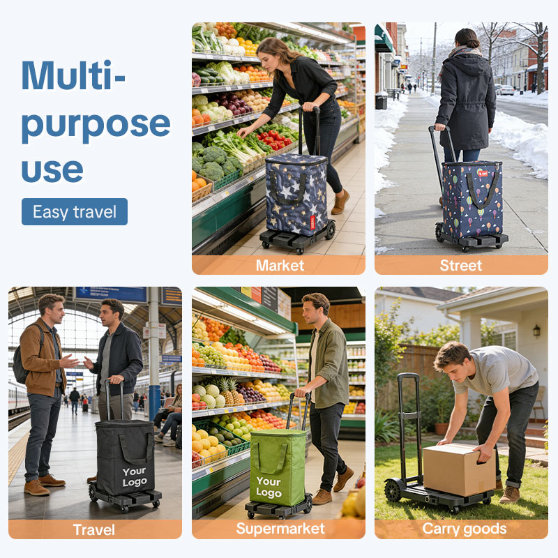 Custom Folding Hand Truck , Portable Heavy Duty Dolly Cart, 5 Wheels Collapsible Luggage Cart with Shopping Bag - Compact Trolley Cart ,Ideal Hand Cart for Travel and More