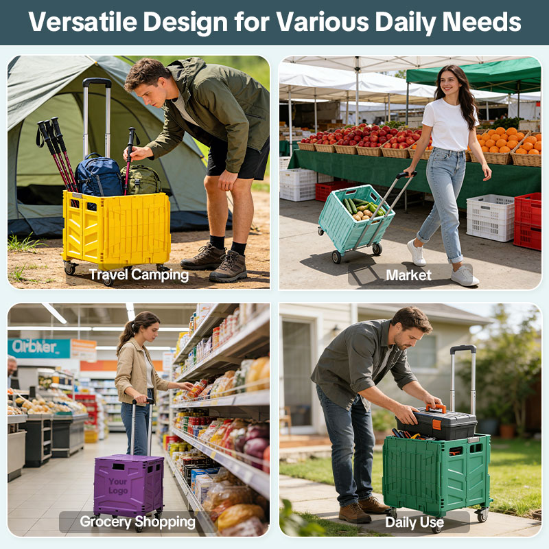 Custom Folding Utility Cart with Stair-Climbing & 360° Swivel Wheels, Telescoping Handle, and Removable Plastic Crate – Versatile Dolly for Travel, Shopping, Moving, Office, and Teacher Use