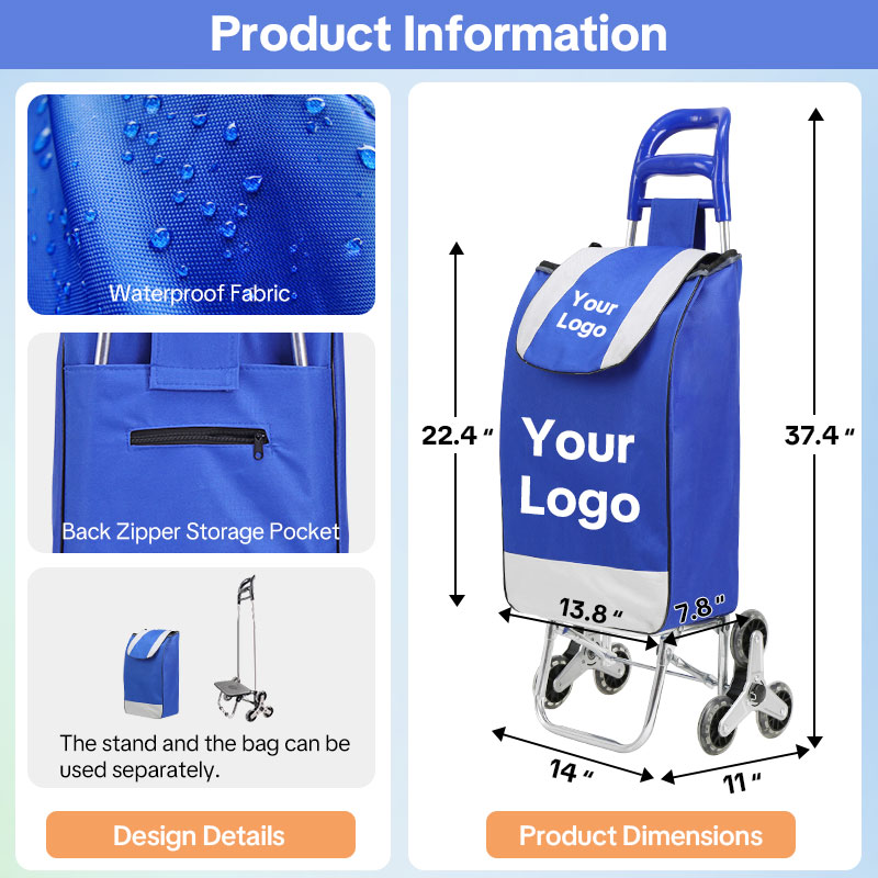 Customize Shopping cart for Groceries with Wheels and Removable Bag and Rolling Personal Handtruck Stair Climbing Cart