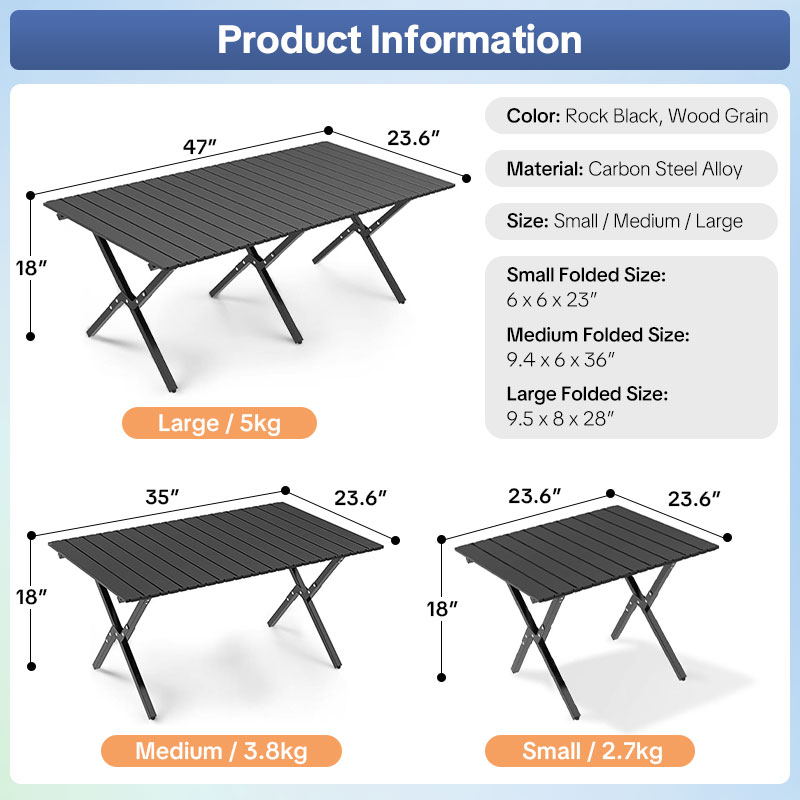 Folding Camping Table , 4-6 Person  Portable Camp Table Foldable Aluminum Roll-up Table for Camping Outdoor Picnic BBQ Backyard Party