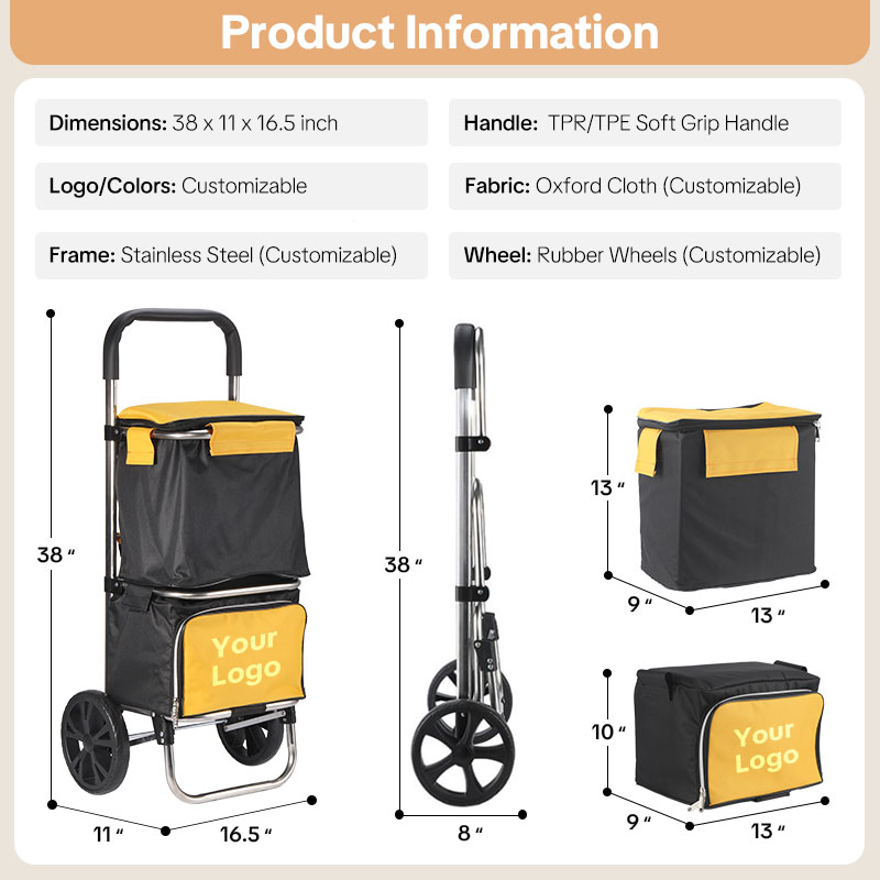 Trolley Dolly Heavy Duty Stainless Steel Foldable Shopping Cart for Groceries - Customizable Double Layer Design with Removable Bag & Wheels