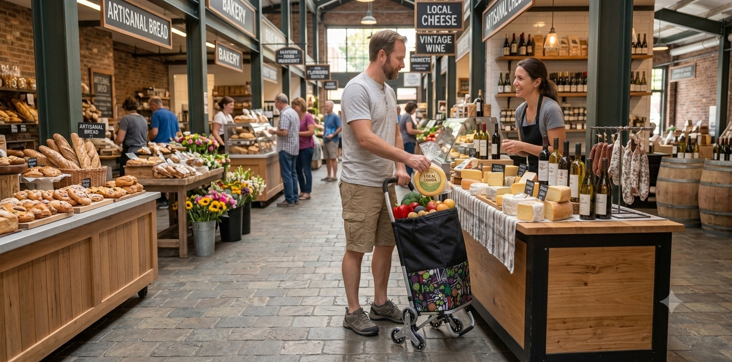 Male customer buying cheese at indoor farmers market with portable Folding Shopping Carts loaded with fresh produce, wheeled grocery trolley for convenient bakery and deli food shopping