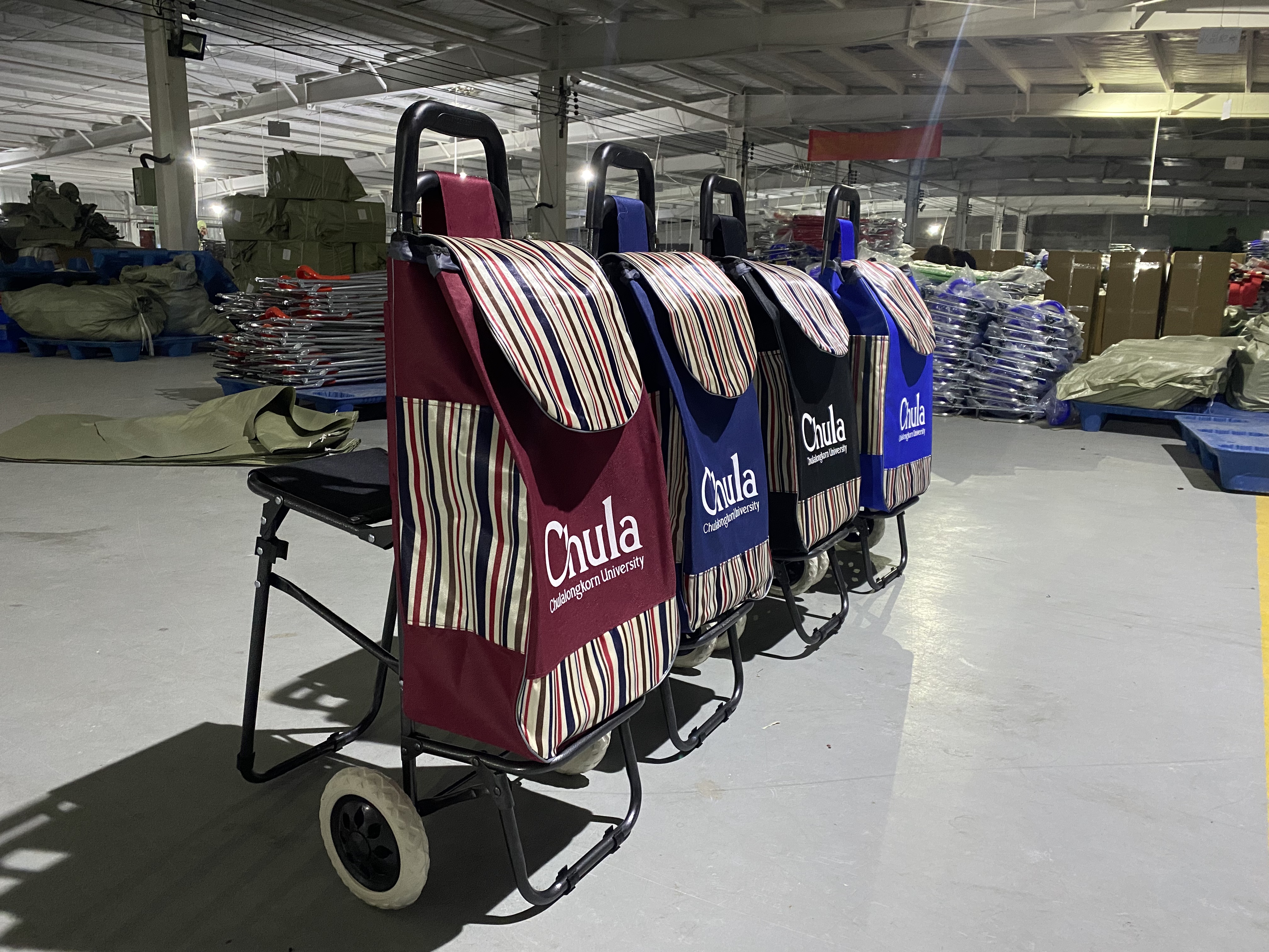 Strongbird shopping trolley manufacturer factory warehouse, customized logo shopping cart with seat, multi-color foldable grocery trolleys with striped storage bags finished for bulk wholesale orders