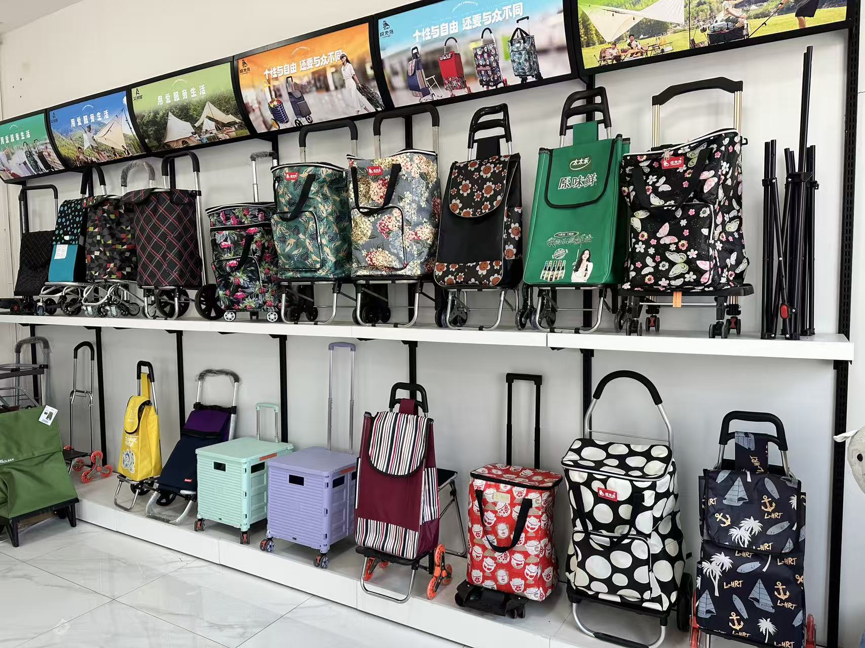 {"default":"Various foldable and colorful shopping carts are displayed on shelves in a showroom with promotional banners above"}
