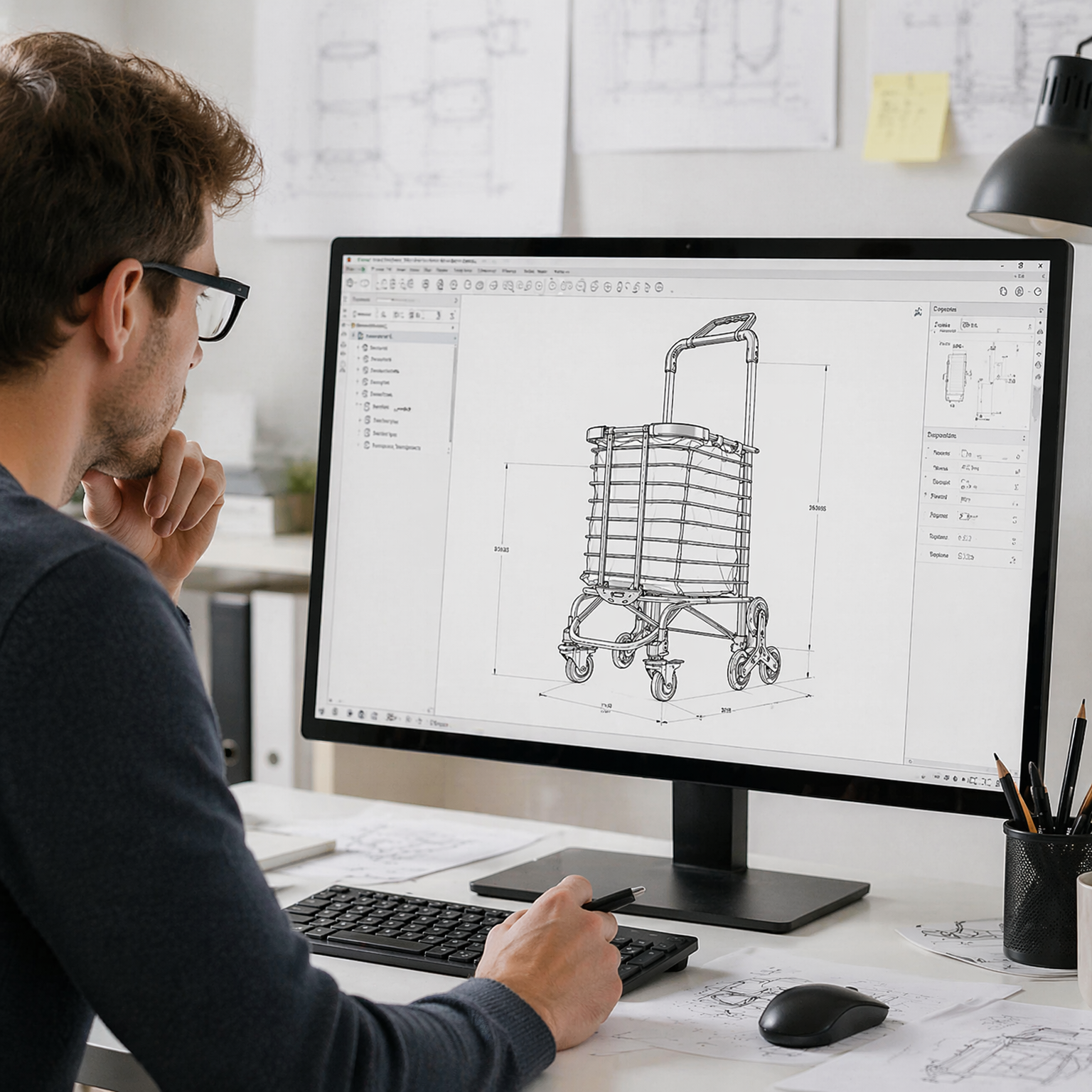 Designer reviewing CAD structural drawing and dimensional parameters for Custom Shopping Cart on computer, conducting ODM product development and customized trolley structural design