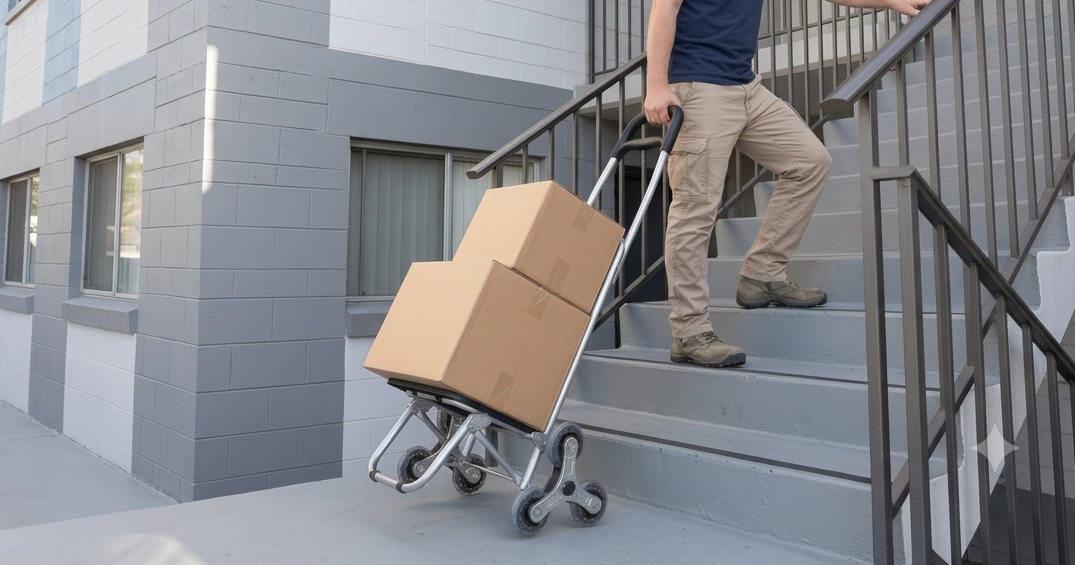 Man hauling cardboard boxes upstairs with Shopping Cart for Stairs, showing the trolley's excellent stair-climbing performance for moving goods and daily deliveries