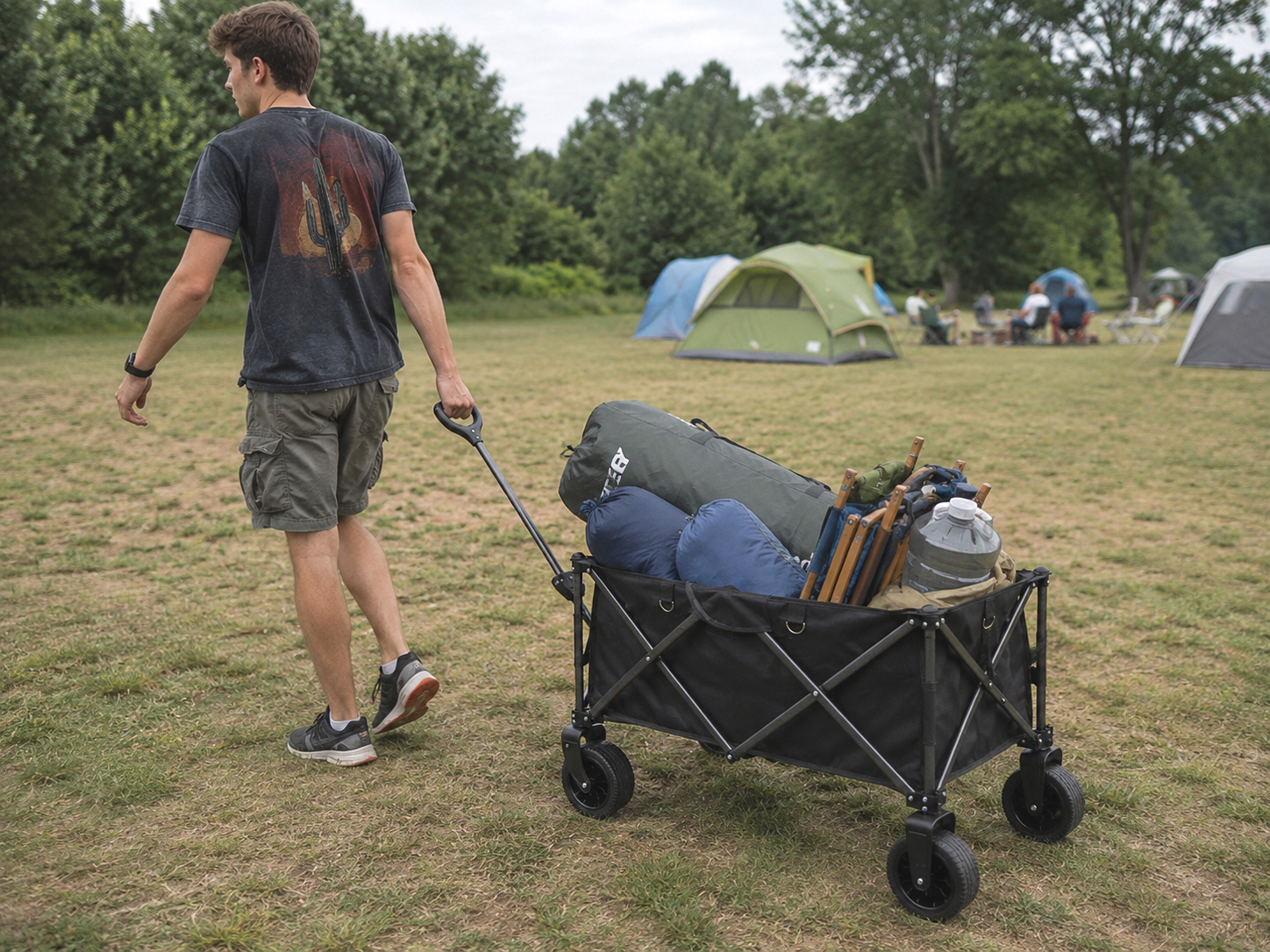 utility wagon cart, folding wagon cart, grocery wagon, heavy duty foldable outdoor trolley loaded with camping gear, man pulling collapsible wagon cart at campsite for picnic and travel supplies transport