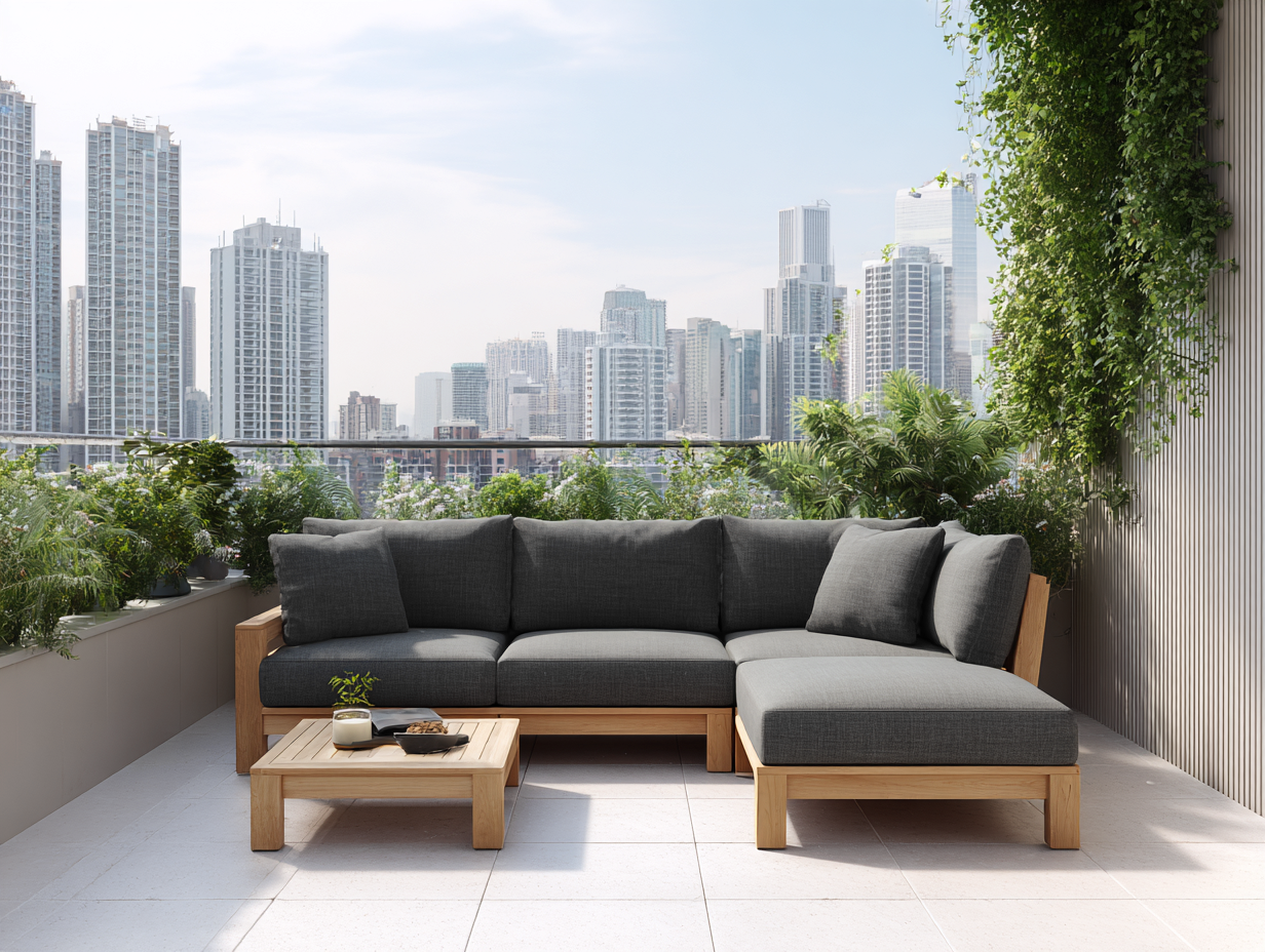 Canapé d'angle de jardin 260x200x70 cm - bois de teck et coussins gris - style moderne-Nestoliq