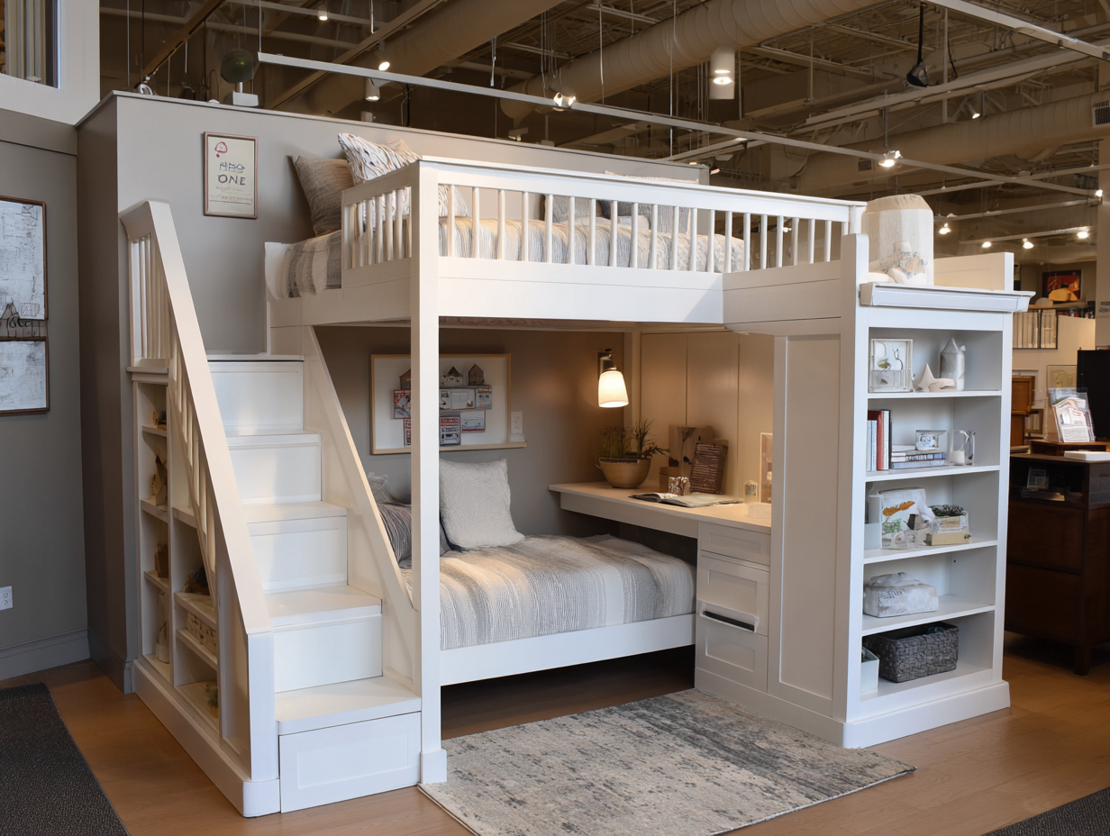 Lit mezzanine en bois 200x140 cm - blanc - avec bureau étagères et lit inférieur-Nestoliq
