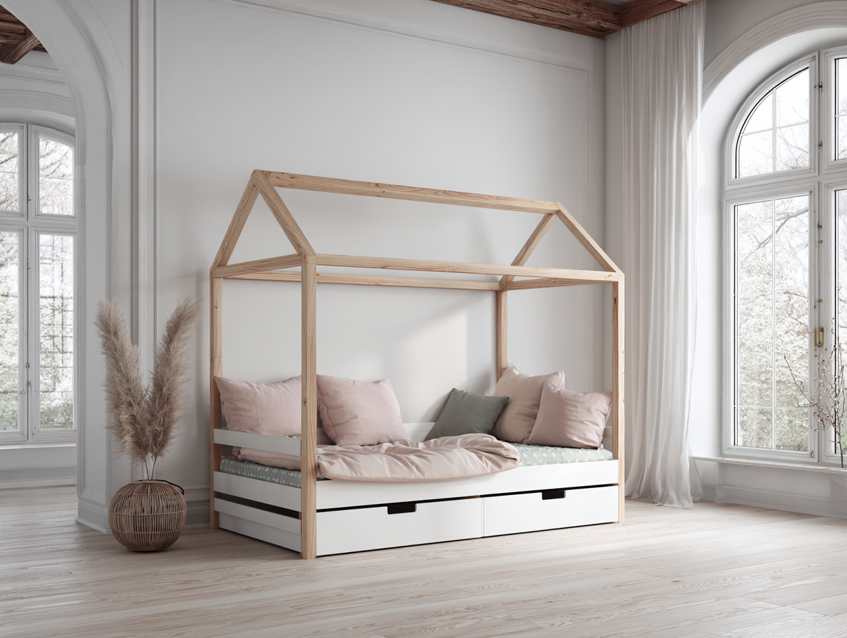 Lit cabane en bois scandinave 90x200 cm - avec tiroirs - cadre ouvert-Nestoliq