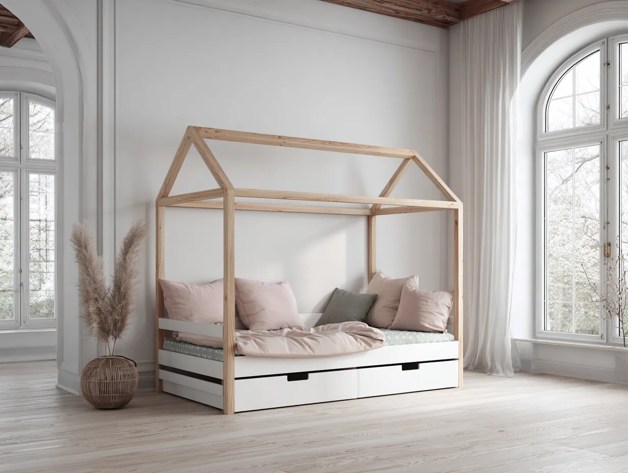 Lit cabane en bois scandinave 90x200 cm - avec tiroirs - cadre ouvert-Nestoliq