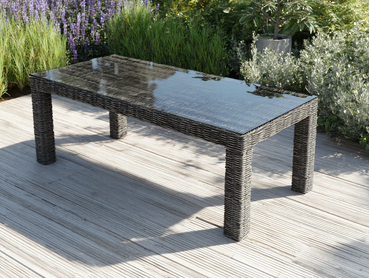Table rectangulaire de jardin - rotin synthétique 180x90 cm - gris avec plateau en verre noir - usage extérieur-Nestoliq