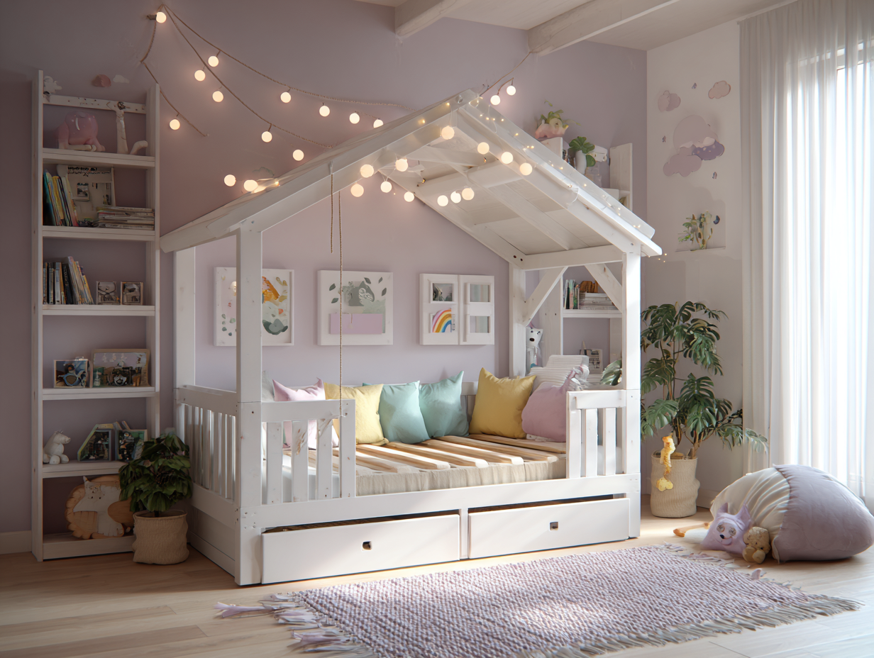 Lit cabane en bois blanc avec deux tiroirs de rangement - 200x120 cm - style enfant moderne-Nestoliq