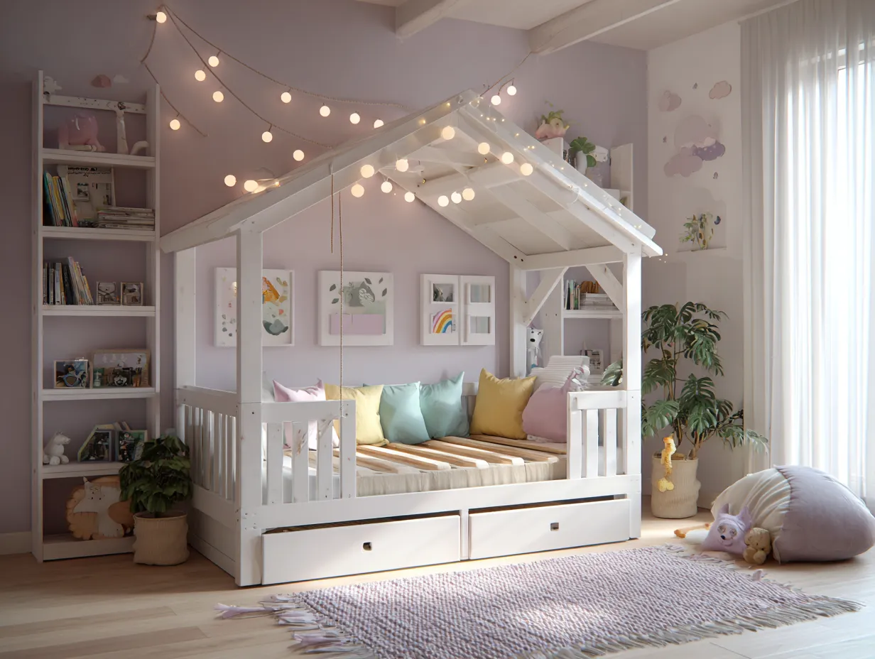 Lit cabane en bois blanc avec deux tiroirs de rangement - 200x120 cm - style enfant moderne-Nestoliq