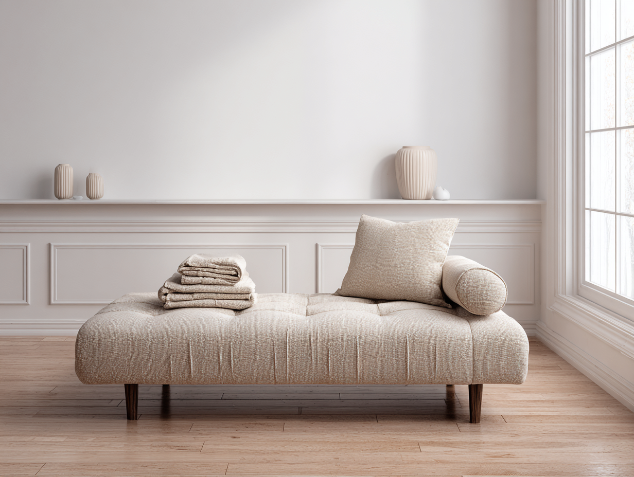 Banquette lit de jour en lin beige avec coussin d'appoint et accoudoir cylindrique - 195x85 cm - style moderne-Nestoliq
