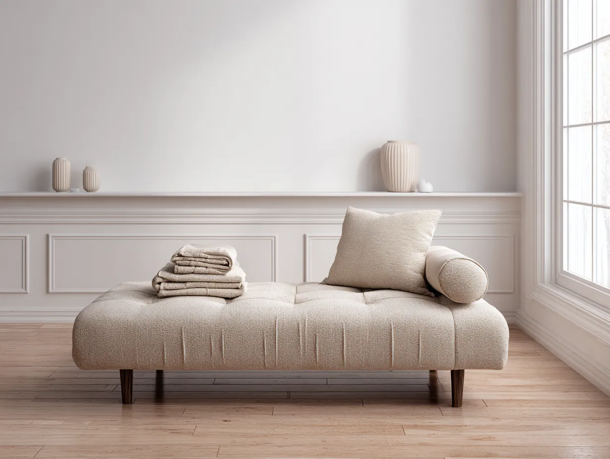 Banquette lit de jour en lin beige avec coussin d'appoint et accoudoir cylindrique - 195x85 cm - style moderne-Nestoliq