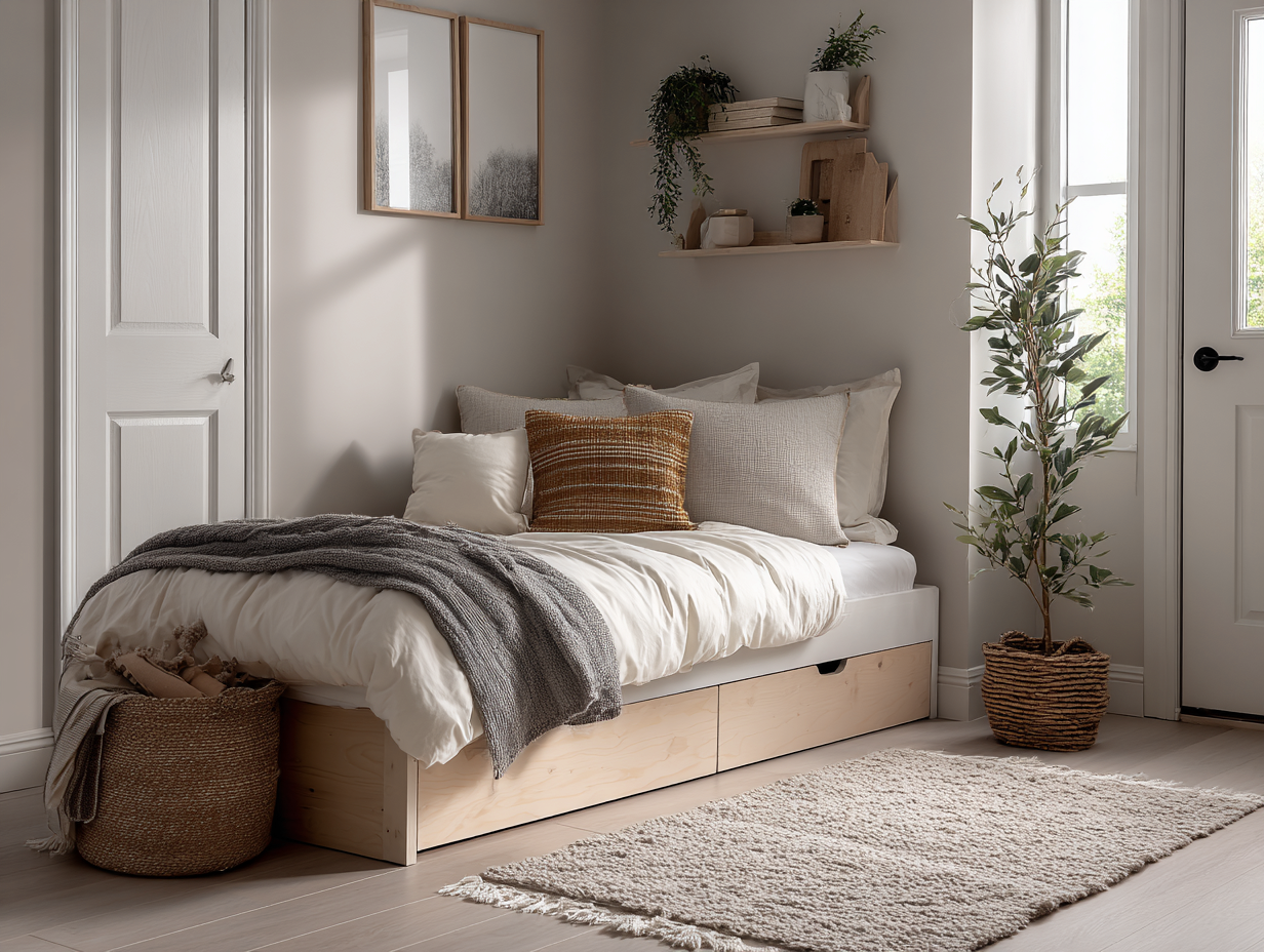 Lit simple en bois clair et blanc - 90x200 cm - avec 2 tiroirs coulissants-Nestoliq