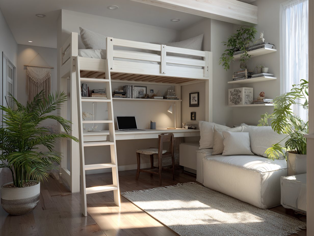 Lit mezzanine en bois 200x140 cm - blanc - avec bureau intégré et échelle frontale-Nestoliq