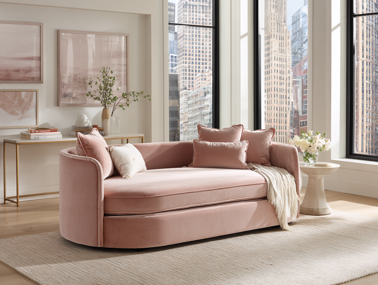 Lit banquette avec lit gigogne - tissu velours rose poudré 90x200 cm - design contemporain arrondi-Nestoliq