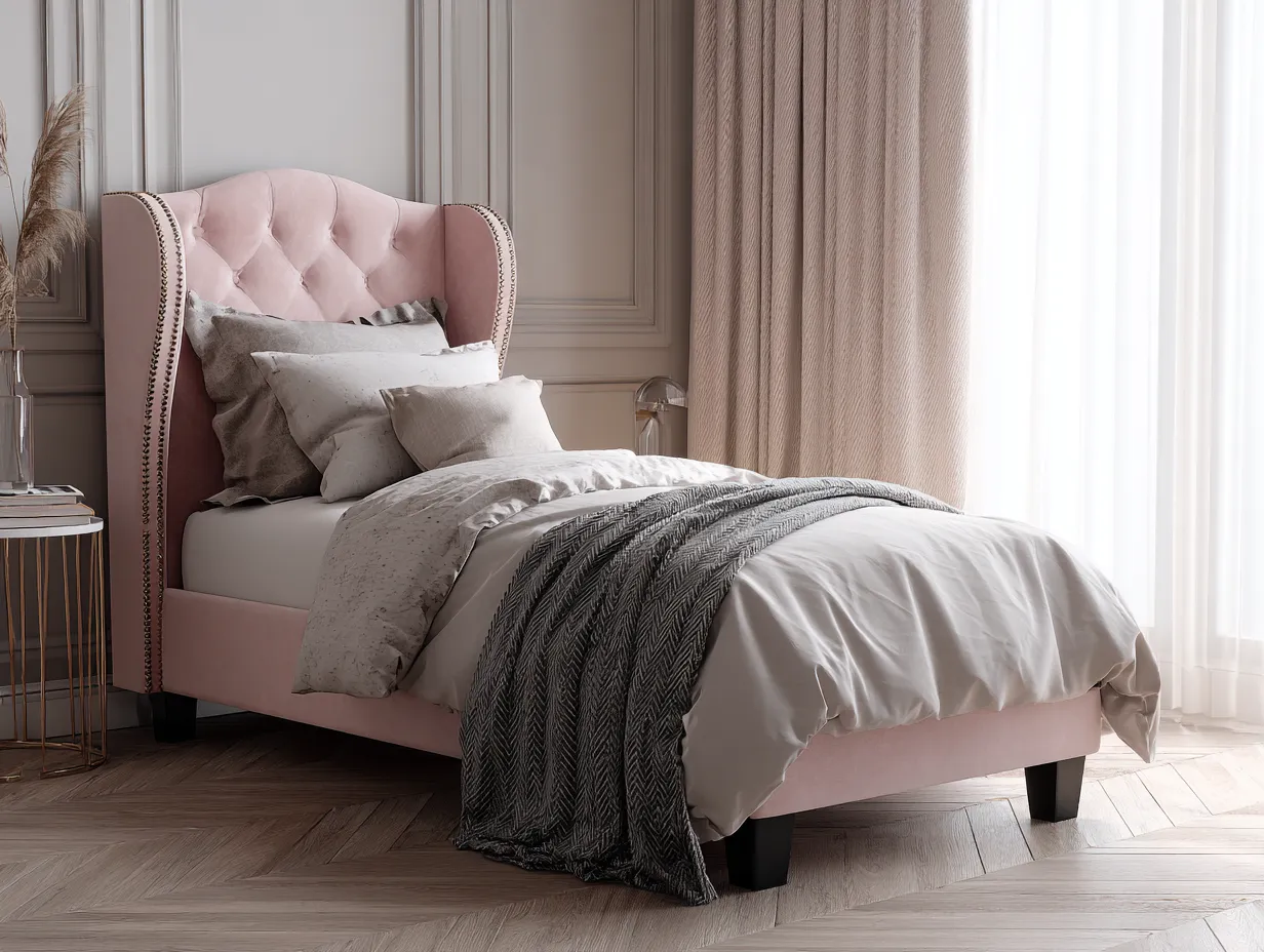 Lit simple tapissé 90x200 cm - velours rose - avec tête de lit capitonnée et clous décoratifs-Nestoliq