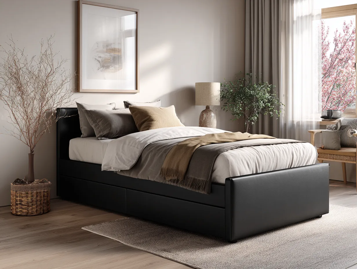 Lit double en similicuir 140x200 cm - noir - avec tiroirs de rangement-Nestoliq