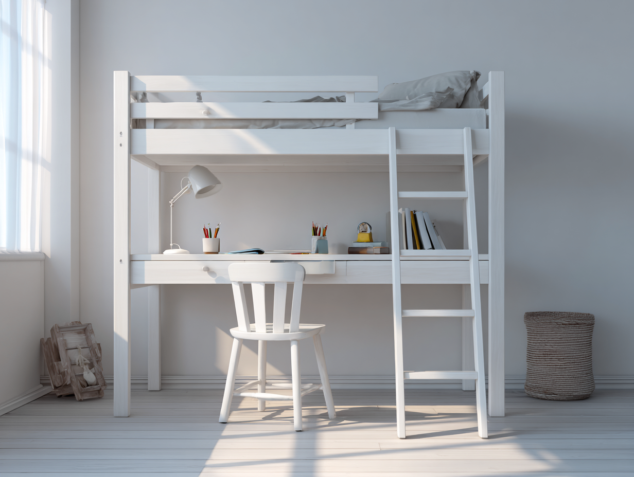 Lit mezzanine en bois 200x140 cm - blanc - avec bureau intégré et échelle-Nestoliq