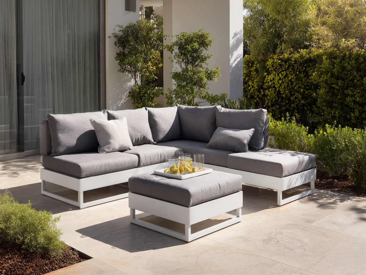 Salon de jardin d'angle aluminium 240x240 cm - gris - avec table basse - style moderne-Nestoliq