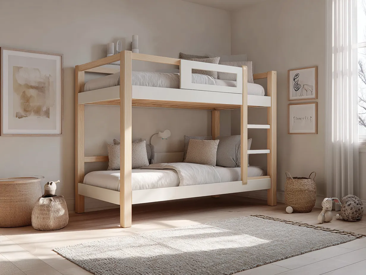 Lit superposé en bois 90x200 cm - blanc et bois clair - pour enfants-Nestoliq