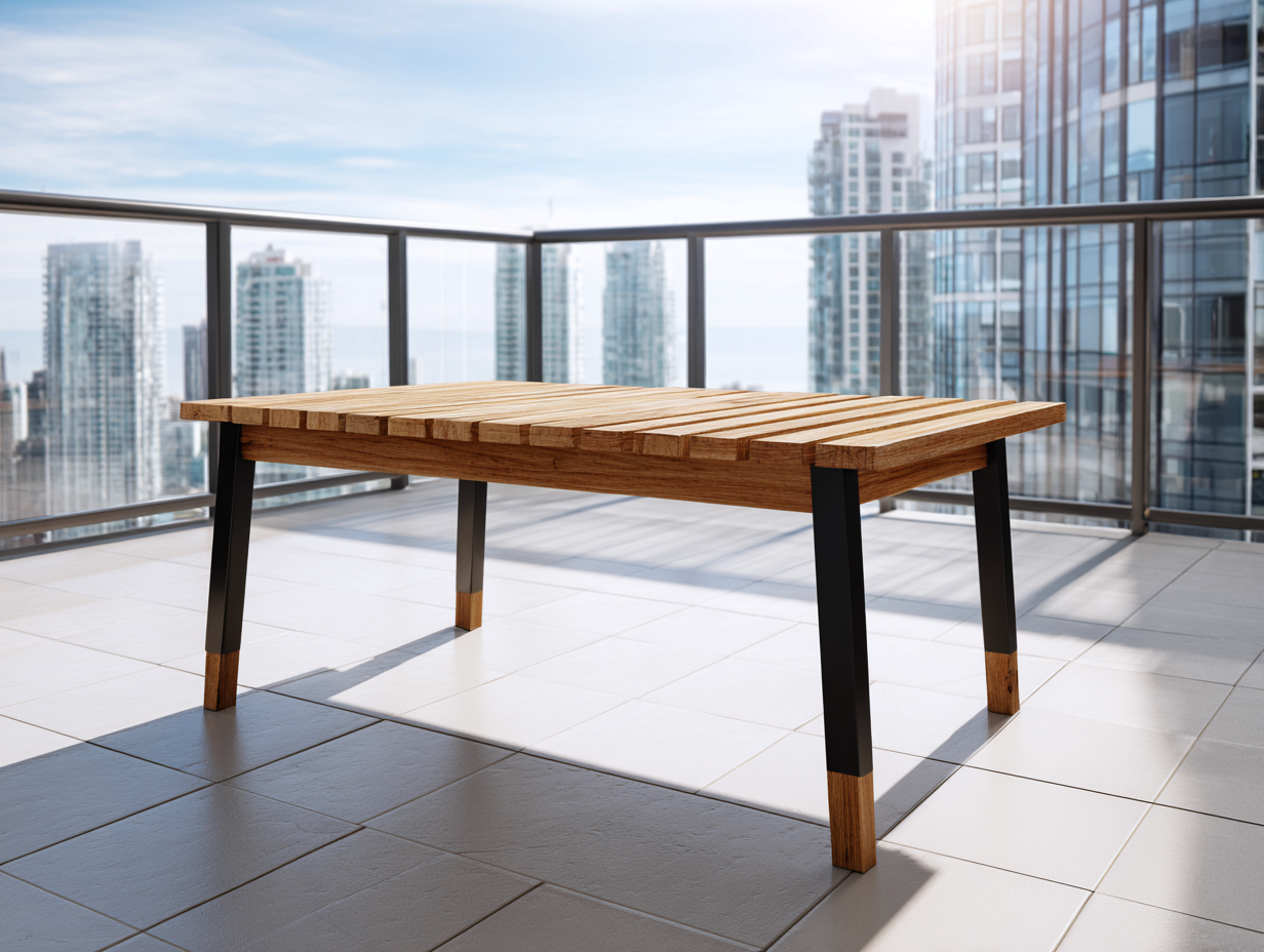 Table de jardin rectangulaire en bois et métal 160x85x75 cm - chêne naturel/noir - style moderne à lattes-Nestoliq