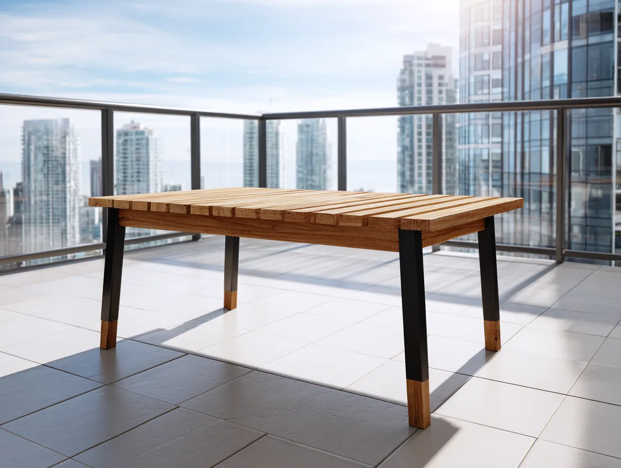 Table de jardin rectangulaire en bois et métal 160x85x75 cm - chêne naturel/noir - style moderne à lattes-Nestoliq